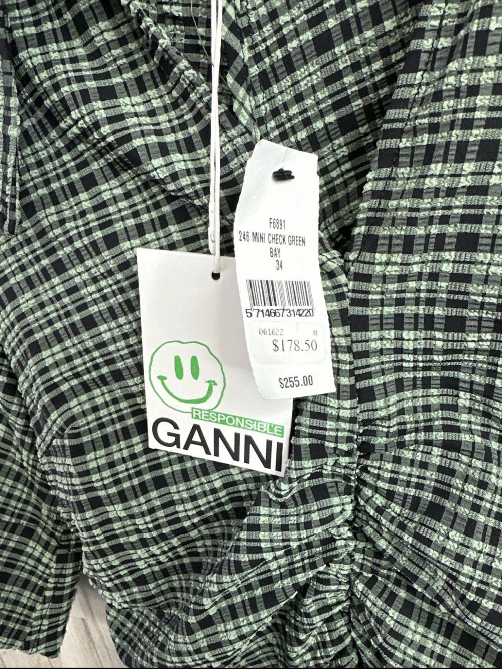 Ganni Mint Green and Black Checked Mini Dress